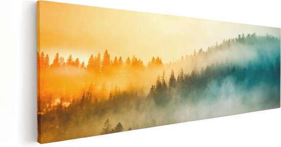 Artaza Canvas Schilderij Kleurrijke Zonsopgang In Het Bos Met Mist - 90x30 - Foto Op Canvas - Canvas Print