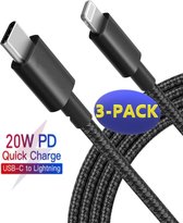 3x iPhone 12 Oplaadkabel - Nylon - USB-C naar Lightning - Geschikt voor USB-C Stekker/Adapter/Oplader - Apple iPhone 12 / 12 Pro / 12 Mini / 12 Pro Max