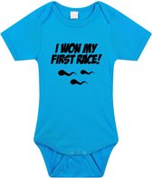I won my first race tekst baby rompertje blauw jongens - Kraamcadeau - Babykleding 80 (9-12 maanden)