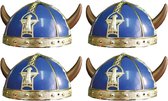 4x stuks gallier/vikingen verkleed helm blauw met hoorns - Carnaval verkleed hoeden