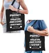Freaking Awesome Brother en Sister tasje zwart - Cadeau boodschappentasjes set voor Broer en Zus - Cadeau Broer en Zus