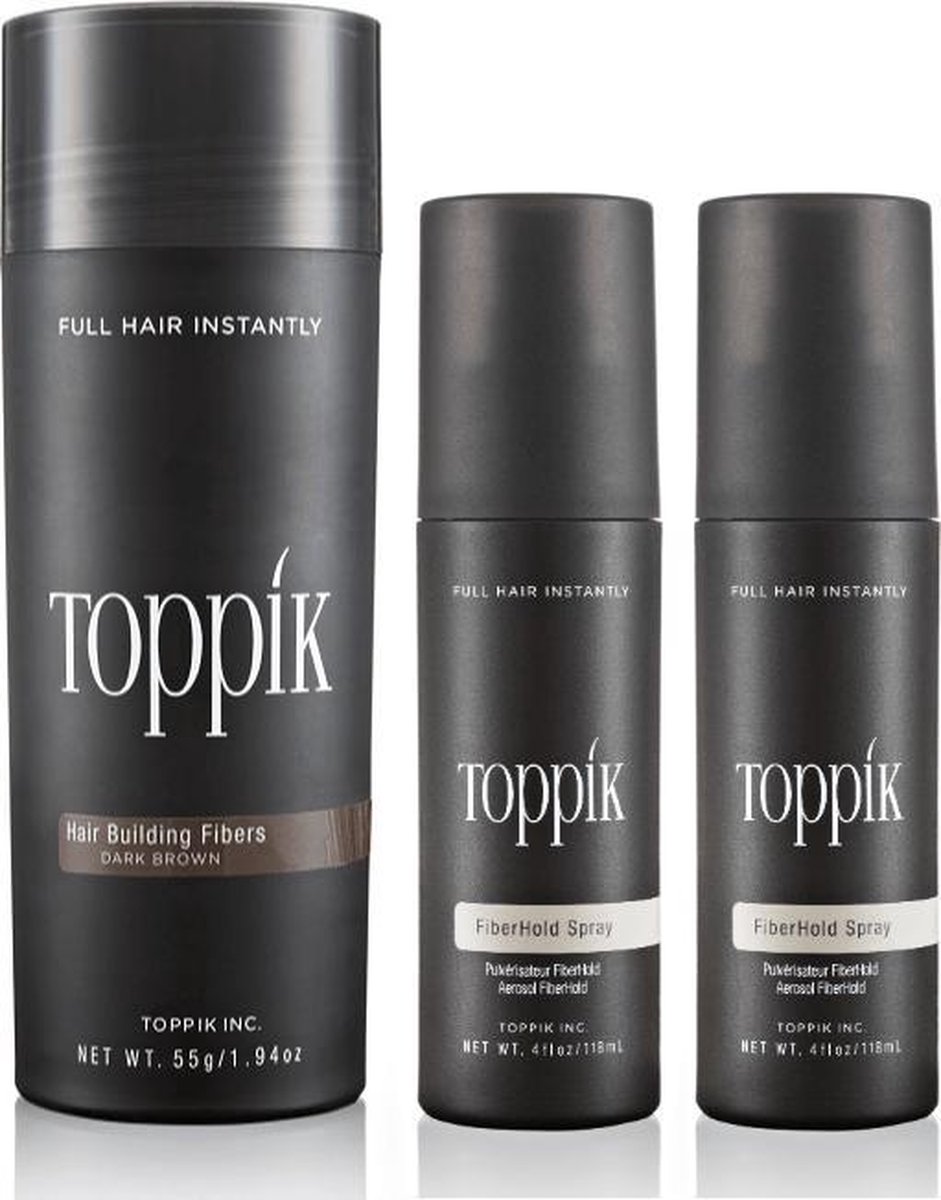 Toppik Hair Fibers Voordeelset Donkerbruin - Toppik Hair Fibers 55 gram + 2 x Toppik Fiberhold Spray 118 ml - Voor direct voller haar