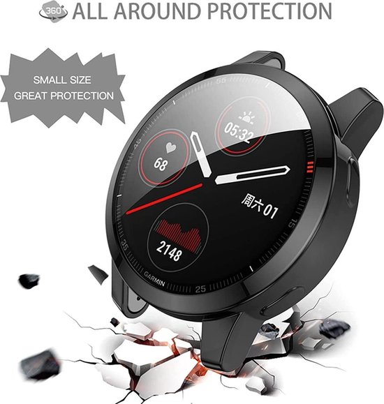 Zwarte Garmin smartwatch met transparante beschermhoes, wijzerplaat toont hartslag en tijd.