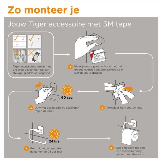 Instructions pour le montage d'un accessoire Tiger avec ruban 3M : nettoyer, sécher, retirer le film protecteur, presser, laisser sécher 24h.