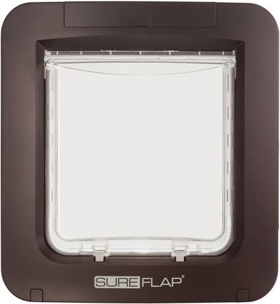 Bruin SureFlap huisdierluik met wit flapperpaneel, vergrendelingsmechanisme en merklogo.