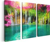 Artaza - Triptyque de peinture sur toile - Cascade avec des Fleurs roses et vertes - 120x80 - Photo sur toile - Impression sur toile