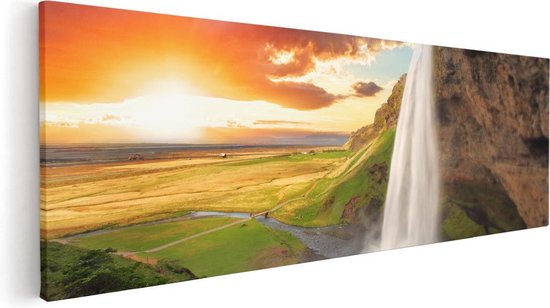 Artaza Canvas Schilderij Waterval In IJsland Met Zonsondergang - 60x20 - Foto Op Canvas - Canvas Print