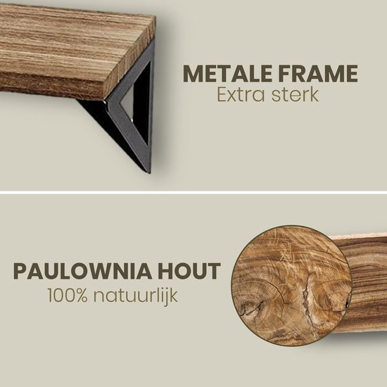 Ensemble d'étagères murales flottantes Set - 3 pièces - Longueur : 25/33/42 cm - Bois de Paulownia - Industriel - Bibliothèque