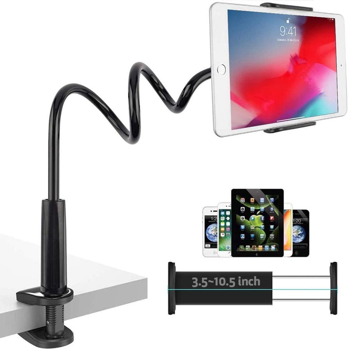 Universele Tablet / Smartphone Houder 360° draaibaar flexibele lange armbeugel voor bevestiging aan tafels en Bureau/Werkplaats/Keuken/slaapkamer/Kast