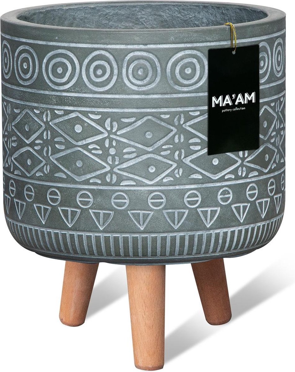 MAAM Pottery Fay bloempot op poten - D32xH36 - Groen - houten pootjes (FSC) - marokaans/bohemian/botanische decoratie