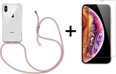 iPhone X/XS hoesje transparant met rosé koord shock proof case - 1x iPhone X/XS screenprotector