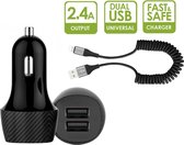 Mini USB Autolader met iPhone Kabel - Auto Lader met 2 USB 2.4A Oplaad Poorten - Oplader voor Navigatie / Telefoon / Tablet in de Auto - Autostekker - Car Charger