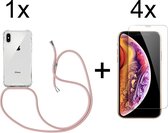 iPhone X/XS hoesje transparant met rosé koord shock proof case - 4x iPhone X/XS screenprotector