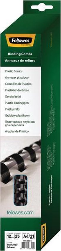 Fellowes verpakking met zwarte plastic bindruggen, A4/21 ringen, 12mm, 25 stuks.