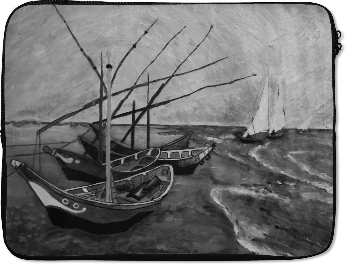 Laptophoes 17 inch - Gogh Barche Di Pescatori - Vincent van Gogh - Zwart - Wit - Laptop sleeve - Binnenmaat 41x28 cm - Zwarte achterkant
