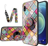 Voor Samsung Galaxy A10e Geschilderd Etnisch Patroon Gehard Glas TPU Schokbestendig Hoesje met Opvouwbare Magnetische Houder & Nekband (Kleurrijk)