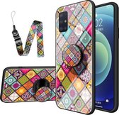 Voor Samsung Galaxy A51 Geschilderd Etnisch Patroon Gehard Glas TPU Schokbestendig Hoesje met Opvouwbare Magnetische Houder & Nekband (Kleurrijk)