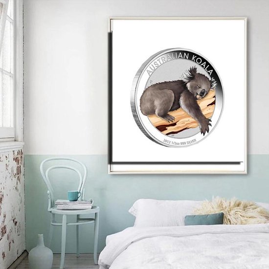 Allernieuwste Canvas Schilderij Australische Koala Zilver Munt - Dieren Hobby - Kleur - 50 x 50 cm