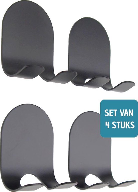Set de 4 porte-serviettes noirs auto-adhésifs, avec dessus arrondi et crochet courbé.