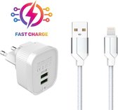 2-poorts Quick Charge oplaadstekker met iPhone Kabel | 1 Meter | USB Power oplader met Lightning Kabel - USB iPhone Fast Charge | Snellader iPhone 12 / 11 Pro / Max Mini / X/ XS / XR / XS MAX