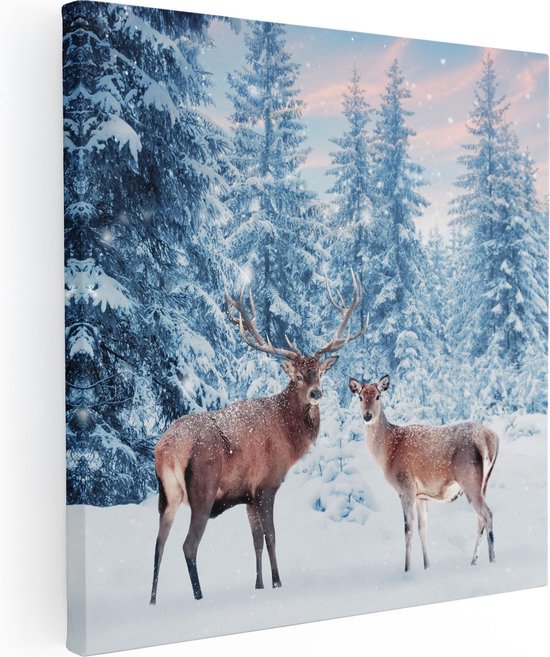 Artaza Canvas Schilderij Twee Herten In Het Bos Met Sneeuw - 80x80 - Groot - Foto Op Canvas - Canvas Print