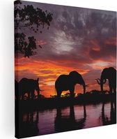 Artaza Canvas Schilderij Olifanten Tijdens Zonsondergang - Silhouet - 80x80 - Groot - Foto Op Canvas - Canvas Print