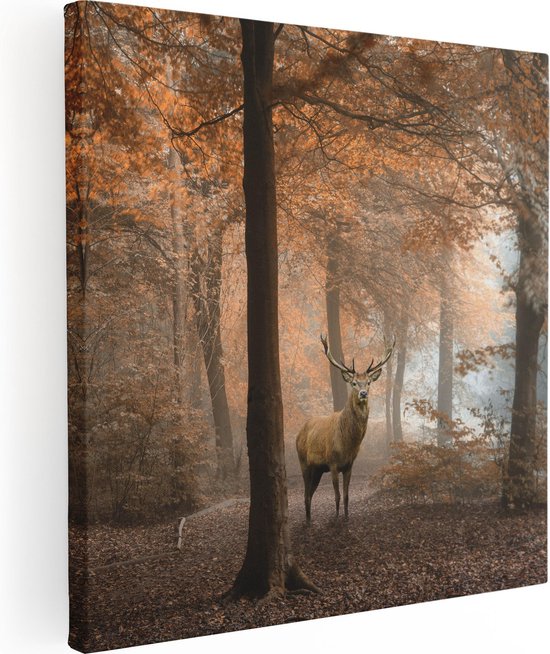 Artaza Canvas Schilderij Hert In Het Bos - Herfst - 30x30 - Klein - Foto Op Canvas - Canvas Print