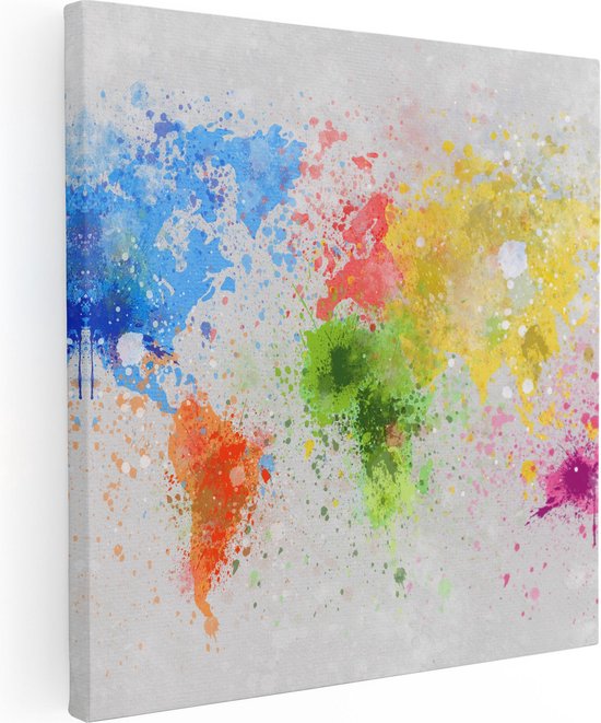 Artaza Canvas Schilderij Wereldkaart Met Verfvlekken - Abstract - 70x70 - Foto Op Canvas - Canvas Print