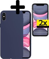 Hoesje Geschikt voor iPhone Xs Hoesje Siliconen Case Met 2x Screenprotector - Hoes Geschikt voor iPhone Xs Hoes Siliconen - Donkerblauw