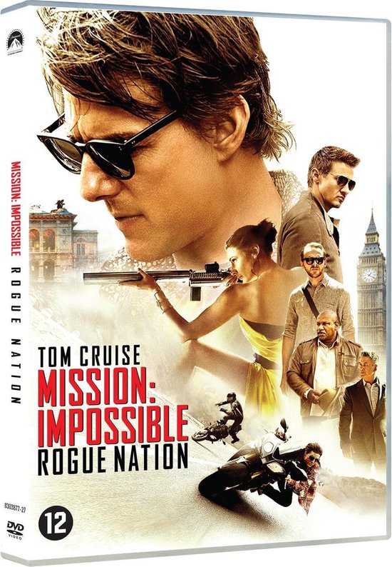 Tom Cruise in zonnebril, met een vuurwapen en anderen in actie, dvd-hoes voor Mission: Impossible - Rogue Nation. De hoes bevat de tekst 'MISSION: IMPOSSIBLE ROGUE NATION' en een leeftijdsclassificatie van 12.