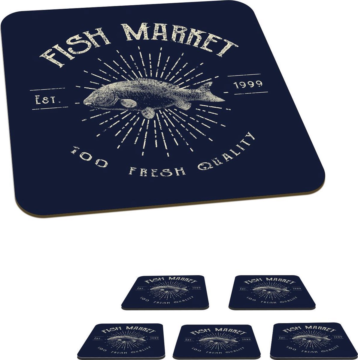 Onderzetters voor glazen - Vintage - Vis - Tekst - 10x10 cm - Glasonderzetters - 6 stuks