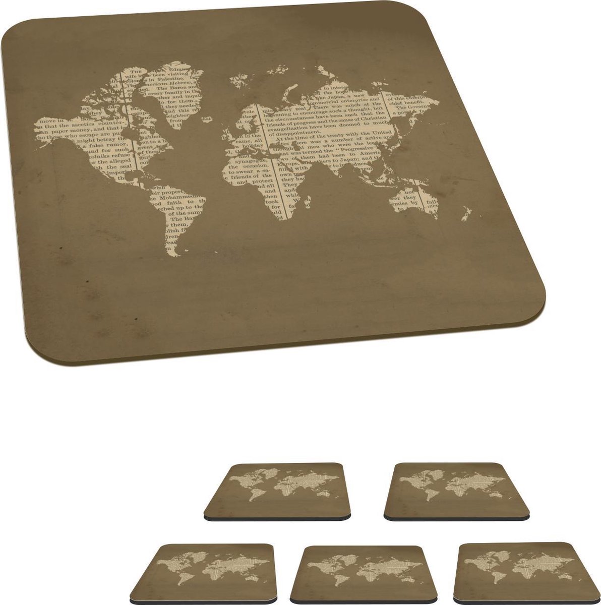 Onderzetters voor glazen - Wereldkaart - Oud - Krant - 10x10 cm - Glasonderzetters - 6 stuks