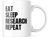 Mok met tekst: Eat Sleep Research Repeat | Grappige mok | Grappige Cadeaus