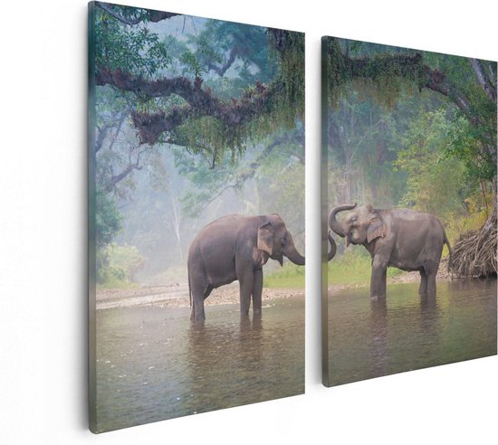 Artaza Canvas Schilderij Tweeluik Twee Olifanten In Het Water - 80x60 - Foto Op Canvas - Canvas Print