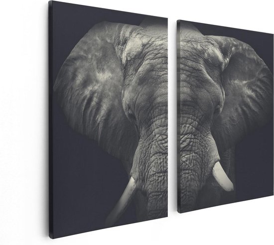 Artaza - Peinture sur toile Diptyque - Tête d'éléphant - Éléphant - Zwart Wit - 80x60 - Photo sur toile - Impression sur toile