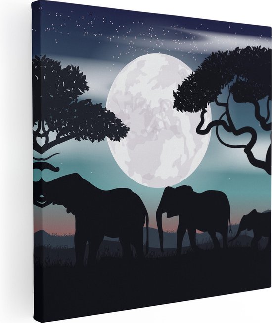 Artaza Canvas Schilderij Olifanten Silhouet Tijdens Volle Maan - 90x90 - Groot - Foto Op Canvas - Canvas Print
