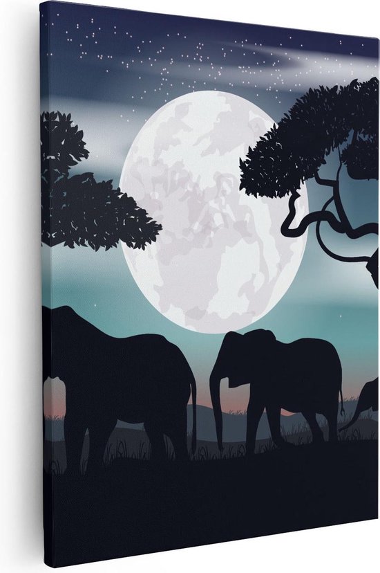 Artaza Canvas Schilderij Olifanten Silhouet Tijdens Volle Maan - 80x100 - Groot - Foto Op Canvas - Canvas Print