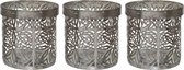 3x stuks theelichthouders/waxinelichthouders ijzer grijs met bloemenpatroon 10 x 10 cm - Windlichtjes/kaarsenhouders