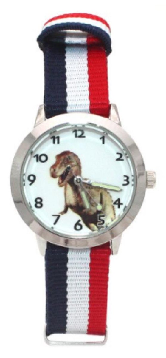 Dinosaurus horloge - Dino Watch Rood-Wit-Blauw - Kinderen - Nylon band - analoog - 30 mm - I-deLuxe verpakking