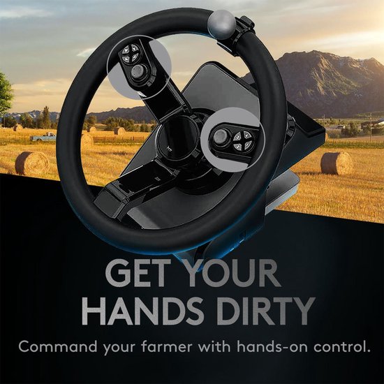 Zwart stuurtje met het opschrift 'GET YOUR HANDS DIRTY' en 'Command your farmer with hands-on control'. Op de achtergrond een boerderijlandschap.