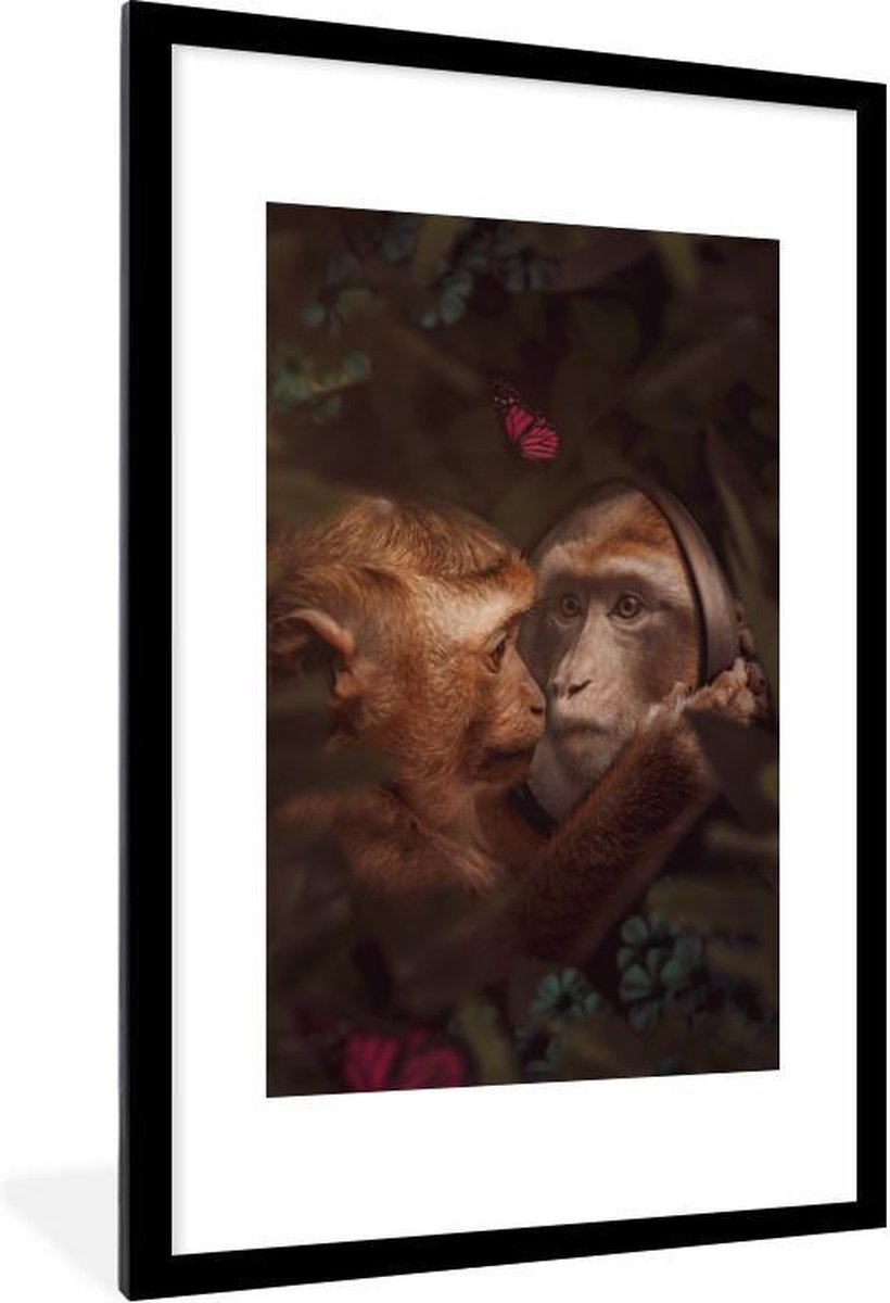 Poster in lijst - Fotolijst 80x120 cm - Posters - Aap - Spiegel - Jungle - Posterlijst zwa