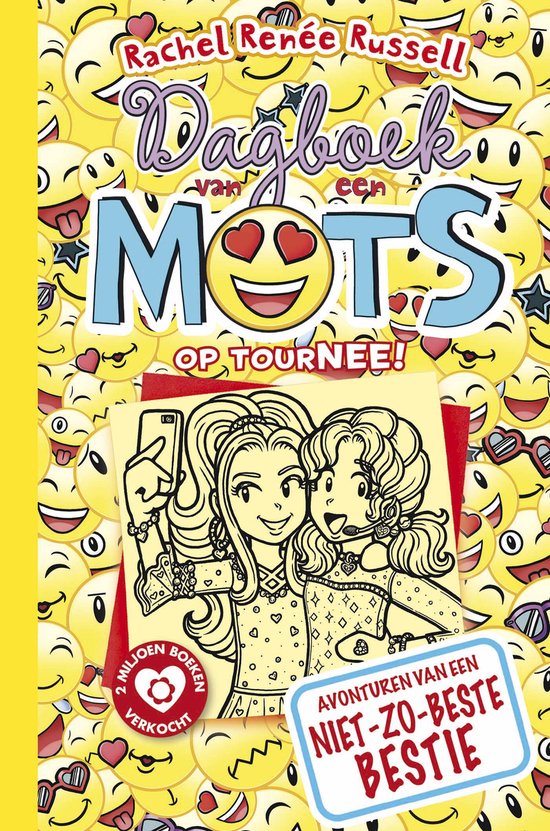 Boek "Dagboek van een Muts - Op Tournee!" met Rachel Renée Russell, twee meiden die een selfie nemen, omringd door lachende emoji's.