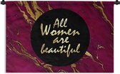 Wandkleed - Wanddoek - Quote - Vrouw - Goud - Bordeaux - 90x60 cm - Wandtapijt