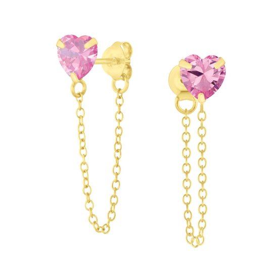 Joy|S - Zilveren hartje oorbellen - kettinkje - roze zirkonia - 14k goudplating
