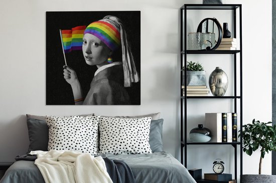 Canvas schilderij 90x90 cm - Wanddecoratie Meisje met de parel - Pride Vlag - Regenboog - Muurdecoratie woonkamer - Slaapkamer decoratie - Kamer accessoires - Schilderijen op canvas