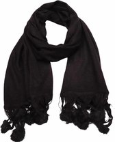 Lange  Gebreide Dames Sjaal - Met Pompon - Zwart - 180 x 56 cm