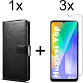 Huawei Y6P hoesje bookcase met pasjeshouder zwart wallet portemonnee book case cover - 3x Huawei Y6P screenprotector