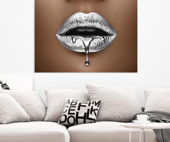 PosterGuru - Poster op canvas schilderij - Zilveren Lippen - 75 x 100 cm - woonkamer of slaapkamer - zilver