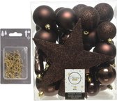 33x stuks kunststof kerstballen 5, 6 en 8 cm donkerbruin inclusief ster piek en kerstbalhaakjes - Kerstversiering - Onbreekbaar