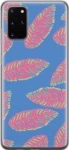 Samsung Galaxy S20 Plus Telefoonhoesje - Transparant Siliconenhoesje - Flexibel - Met Plantenprint - Tropische Blaadjes - Donkerblauw